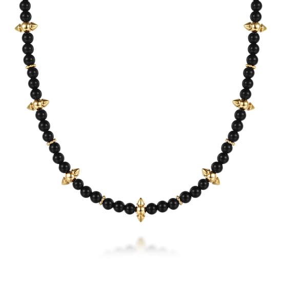 14K Yellow Gold Bujukan and Black Onyx Spike Station Bead Necklace