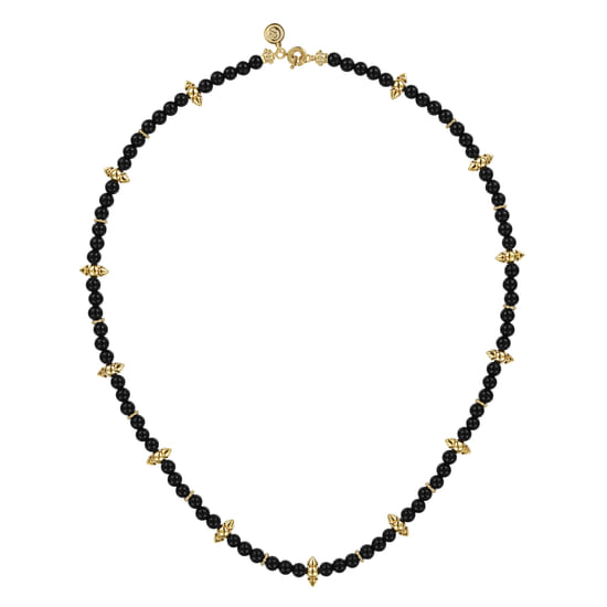 14K Yellow Gold Bujukan and Black Onyx Spike Station Bead Necklace angle 2