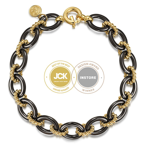 14K Yellow Gold Bujukan and Black Oval Ceramic Link Bracelet