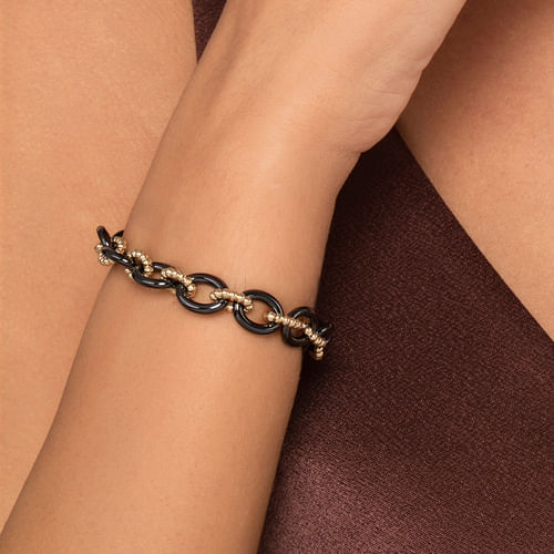 14K Yellow Gold Bujukan and Black Oval Ceramic Link Bracelet