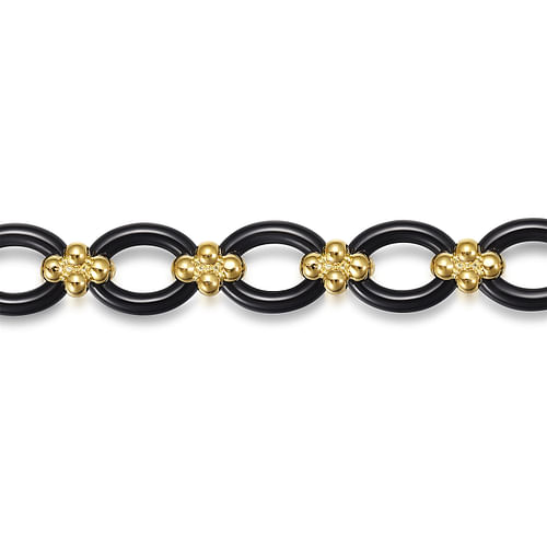 14K Yellow Gold Bujukan and Black Oval Ceramic Link Chain Tennis Bracelet