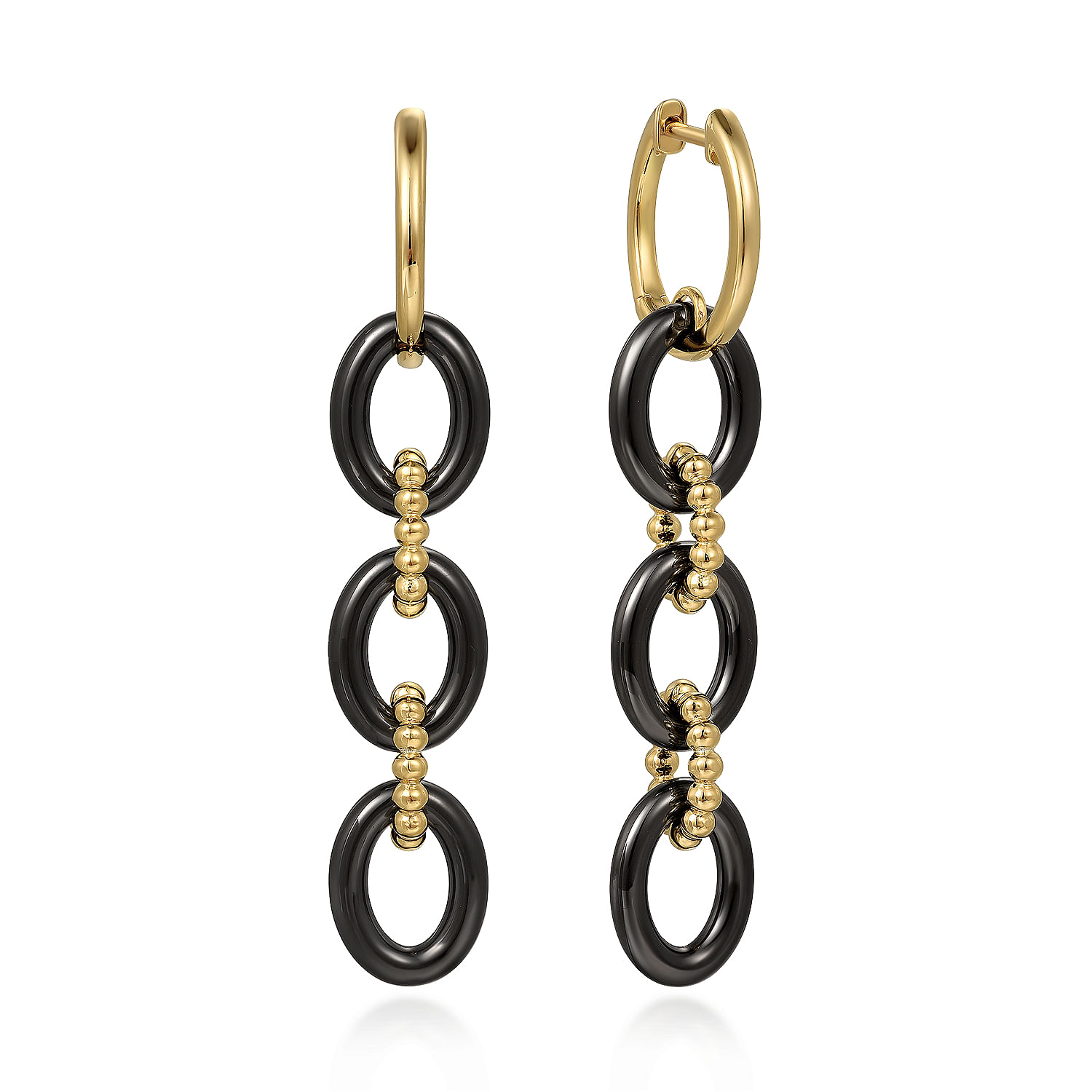 14K Yellow Gold Bujukan and Black Oval Ceramic Link Huggie Drop Earrings