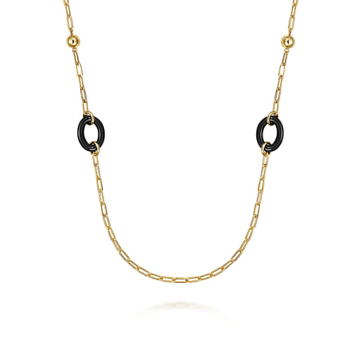 14K Yellow Gold Bujukan and Black Oval Ceramic Link Station Necklace 