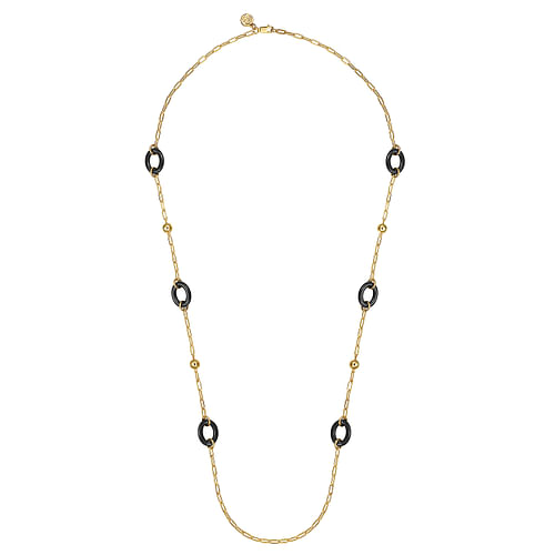 14K Yellow Gold Bujukan and Black Oval Ceramic Link Station Necklace 