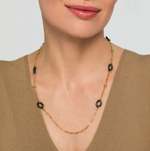 14K Yellow Gold Bujukan and Black Oval Ceramic Link Station Necklace 