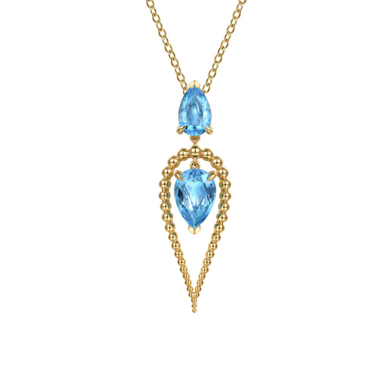 14K Yellow Gold Bujukan and Blue Topaz Pear Shape Pendant Drop Necklace
