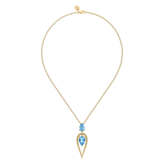 14K Yellow Gold Bujukan and Blue Topaz Pear Shape Pendant Drop Necklace angle 2