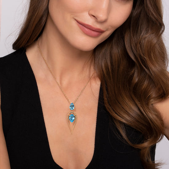 14K Yellow Gold Bujukan and Blue Topaz Pear Shape Pendant Drop Necklace angle 3