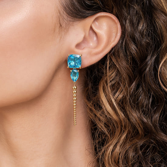 14K Yellow Gold Bujukan and Blue Topaz Stud Drop Earrings angle 3