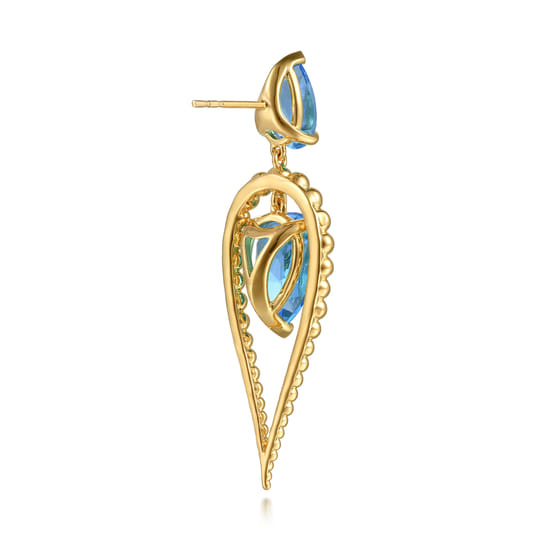 14K Yellow Gold Bujukan and Blue Topaz Stud Drop Earrings angle 2