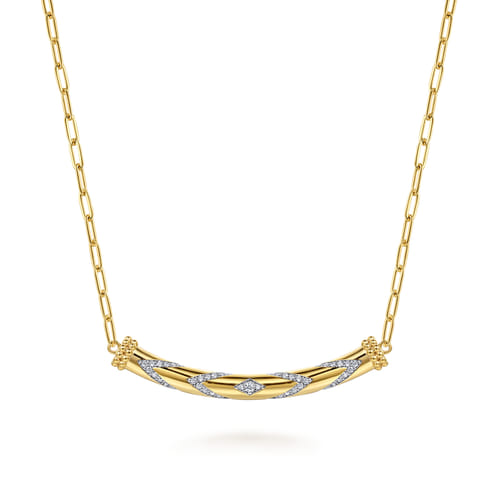 14K Yellow Gold Bujukan and Diamond Chevron Bar Necklace