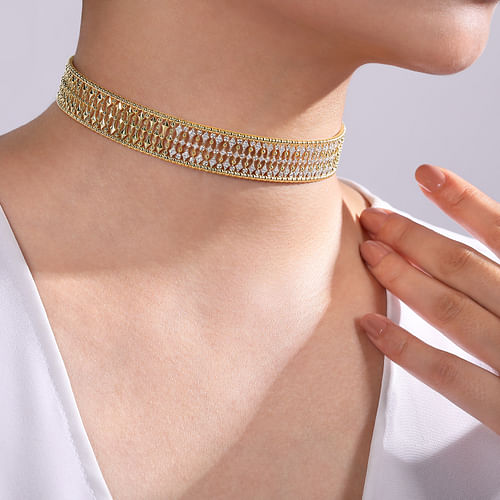 14K Yellow Gold Bujukan and Diamond Choker Necklace