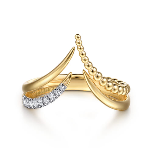 14K Yellow Gold Bujukan and Diamond Double Row Chevron Spike Ring