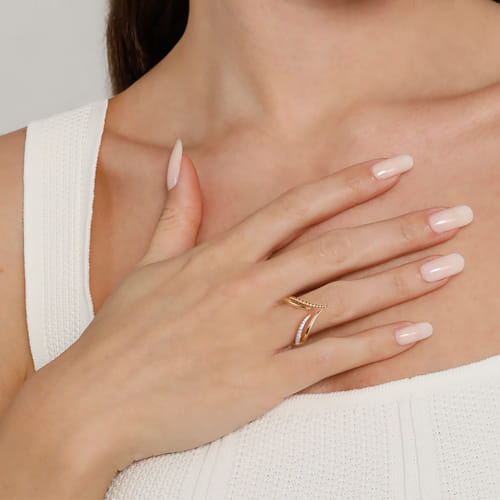 14K Yellow Gold Bujukan and Diamond Double Row Chevron Spike Ring