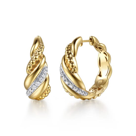 14K Yellow Gold Bujukan and Diamond Intricate Hoop Earrings