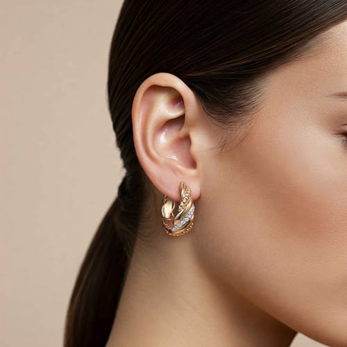 14K Yellow Gold Bujukan and Diamond Intricate Hoop Earrings
