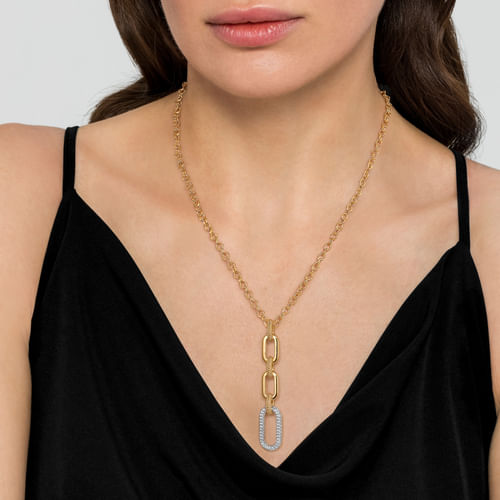 14K Yellow Gold Bujukan and Diamond Link Pendant Drop Necklace