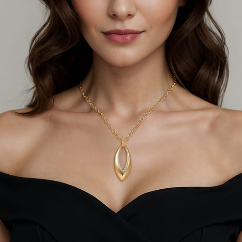 14K Yellow Gold Bujukan and Diamond Marquise Pendant Necklace