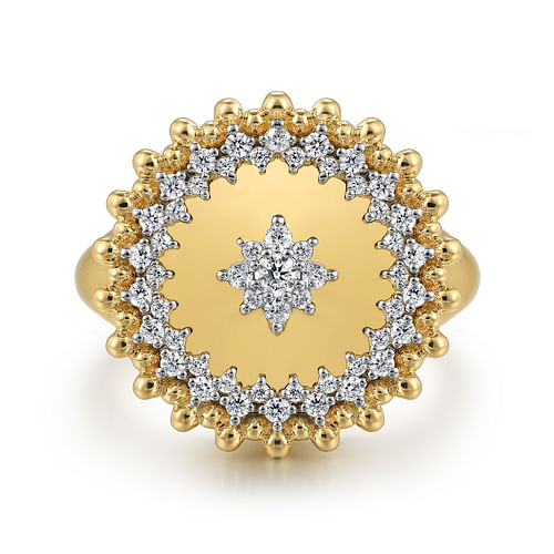 14K Yellow Gold Bujukan and Diamond Medallion Ladies Ring