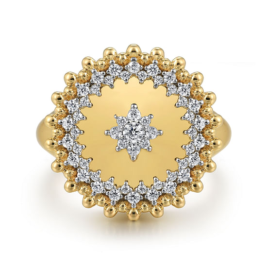 Gabriel - 14K Yellow Gold Bujukan and Diamond Medallion Ladies Ring