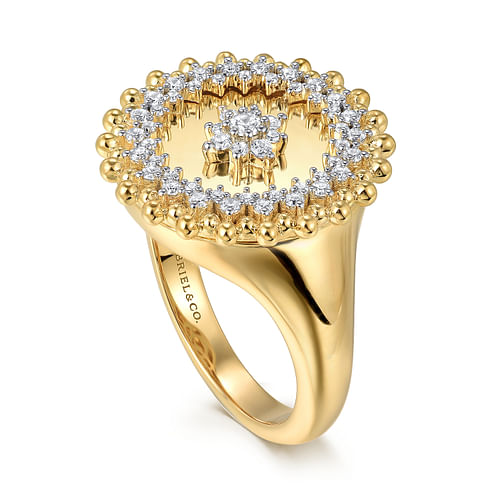 14K Yellow Gold Bujukan and Diamond Medallion Ladies Ring