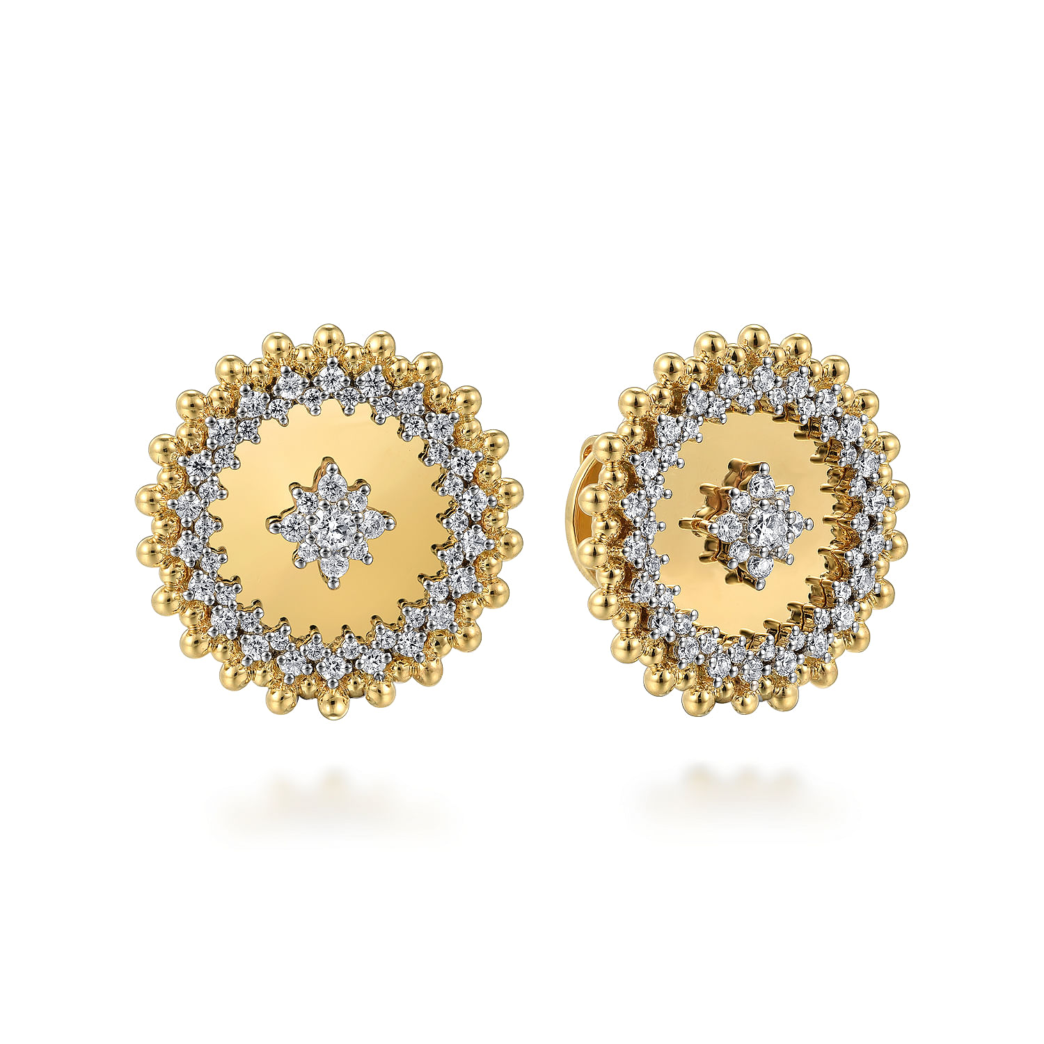 14K Yellow Gold Bujukan and Diamond Medallion Stud Earrings