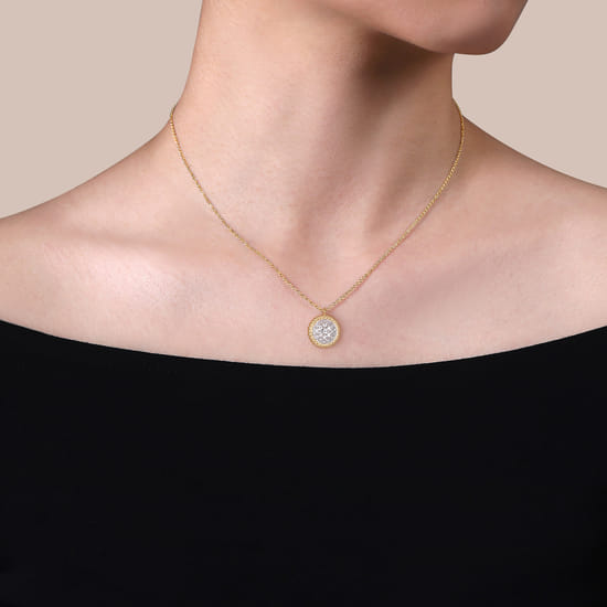 14K Yellow Gold Bujukan and Diamond Pavé Pendant Necklace angle 3 14K Yellow Gold Bujukan and Diamond Pavé Pendant Necklace angle 3