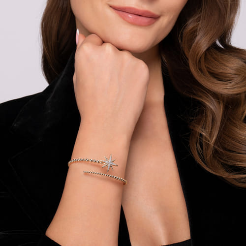 14K Yellow Gold Bujukan and Diamond Starburst Bypass Bangle Bracelet