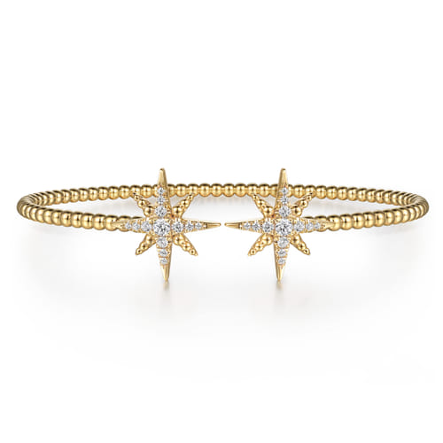 14K Yellow Gold Bujukan and Diamond Starburst Open Bangle Bracelet