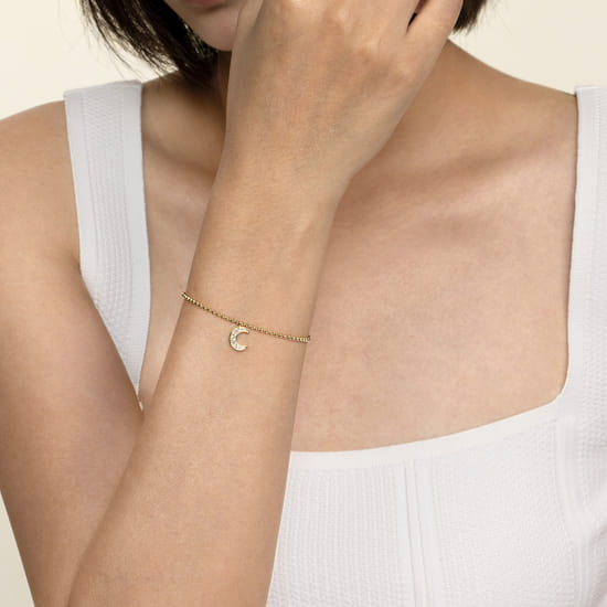 14K Yellow Gold Bujukan and White Sapphire Moon Charm Bracelet angle 3 14K Yellow Gold Bujukan and White Sapphire Moon Charm Bracelet angle 3