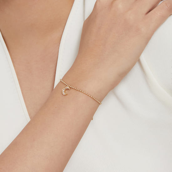 14K Yellow Gold Bujukan and White Sapphire Moon Charm Bracelet angle 4 14K Yellow Gold Bujukan and White Sapphire Moon Charm Bracelet angle 4