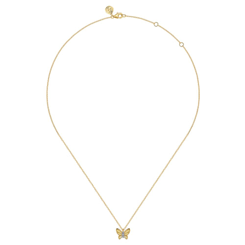 14K Yellow Gold Butterfly Necklace With Diamond Cut Finish And Graduating Diamonds.

