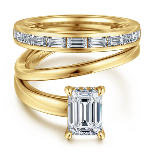 14K Yellow Gold Bypass Emerald Cut Diamond Engagement Ring