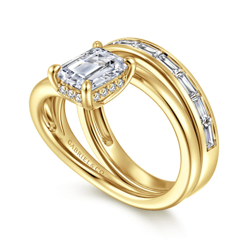 14K Yellow Gold Bypass Emerald Cut Diamond Engagement Ring