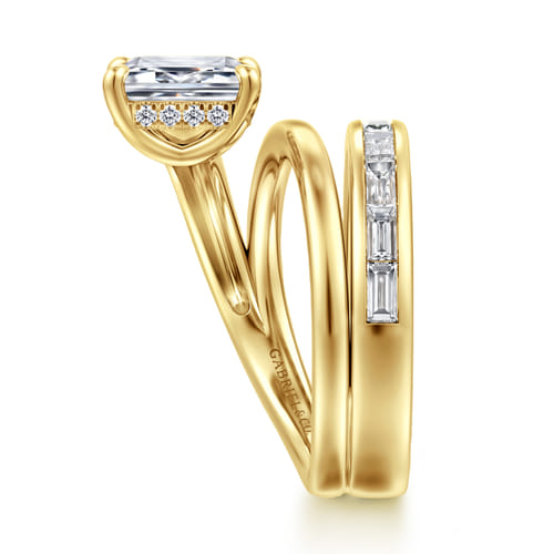 14K Yellow Gold Bypass Emerald Cut Diamond Engagement Ring