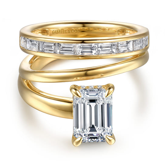14K Yellow Gold Bypass Emerald Cut Diamond Engagement Ring