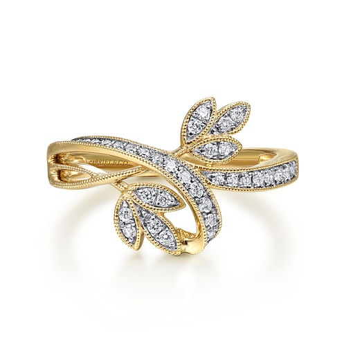 14K Yellow Gold Bypass Leaf Diamond Ring