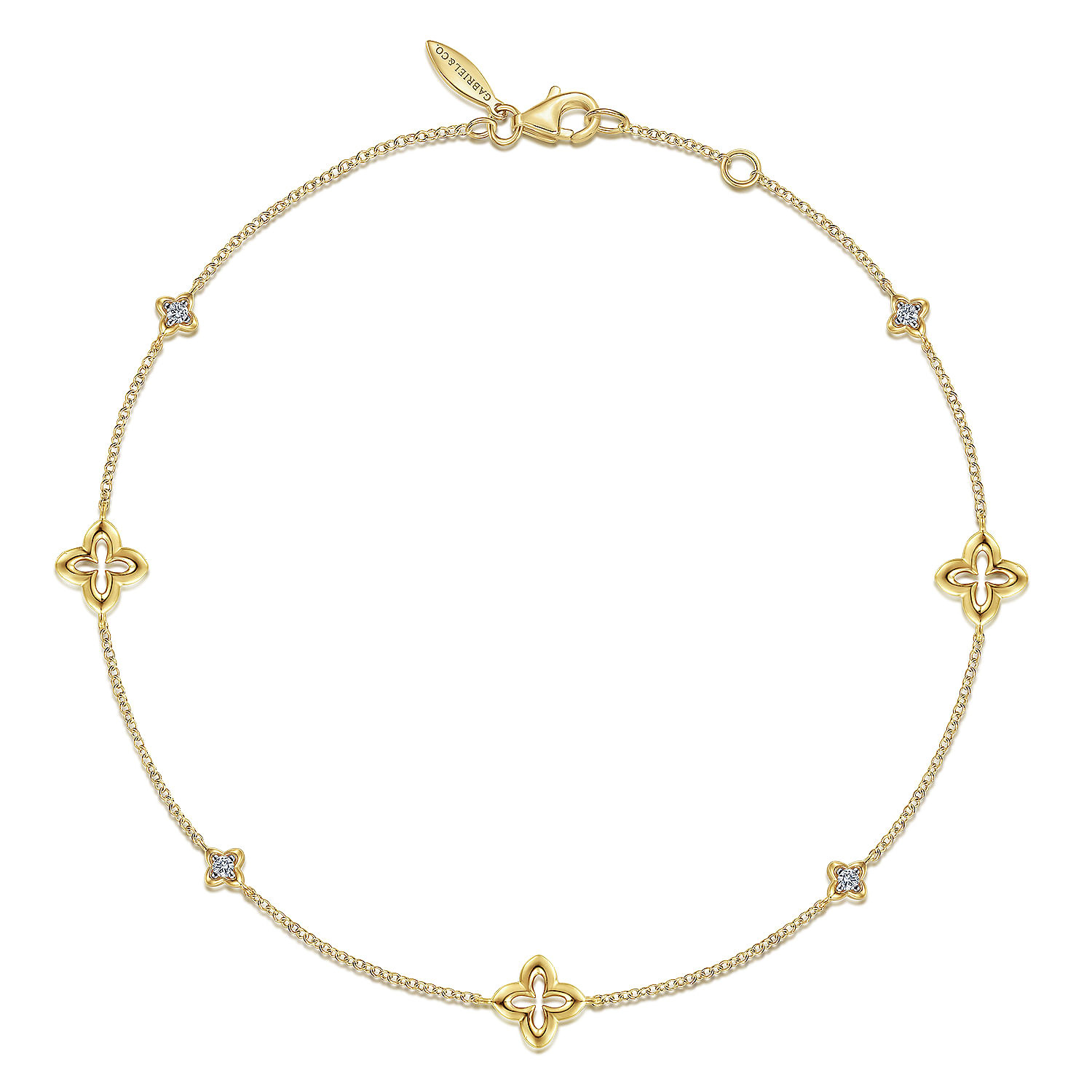 14K Yellow Gold Chain Ankle Bracelet with Clover and White Sapphire Stations