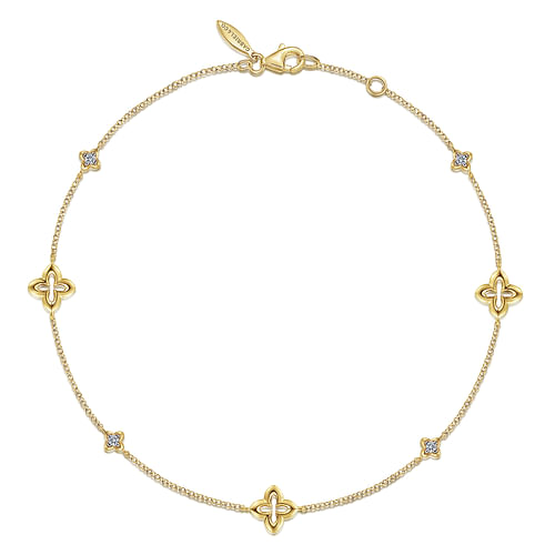 14K Yellow Gold Chain Ankle Bracelet with Clover and White Sapphire Stations