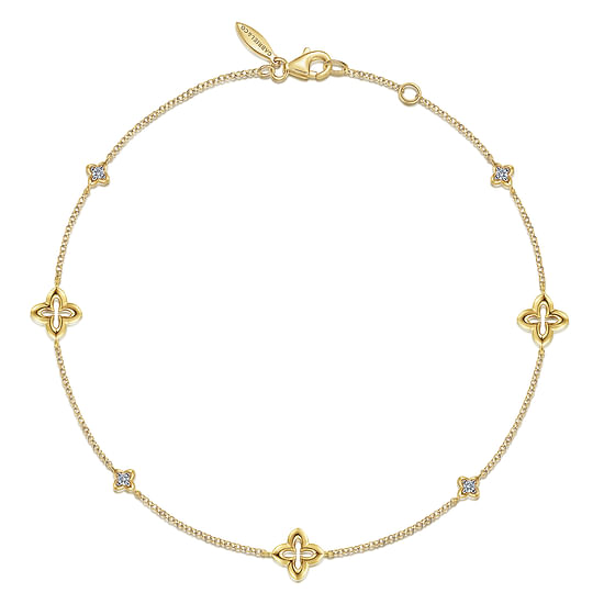 Gabriel - 14K Yellow Gold Chain Ankle Bracelet with Clover and White Sapphire Stations