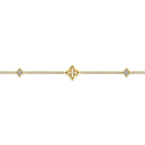 14K Yellow Gold Chain Ankle Bracelet with Clover and White Sapphire Stations