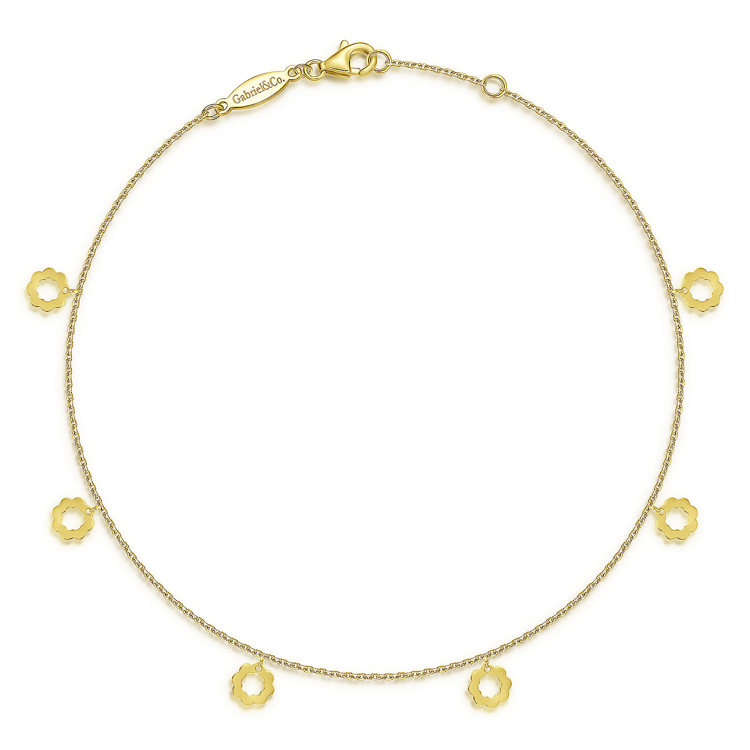 14K Yellow Gold Chain Ankle Bracelet with Open Flower Charm Drops