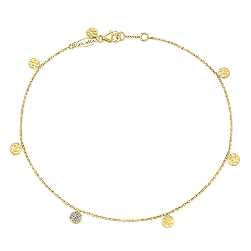 14K Yellow Gold Chain Ankle Bracelet with Round Hammered and Diamond Disc Drops