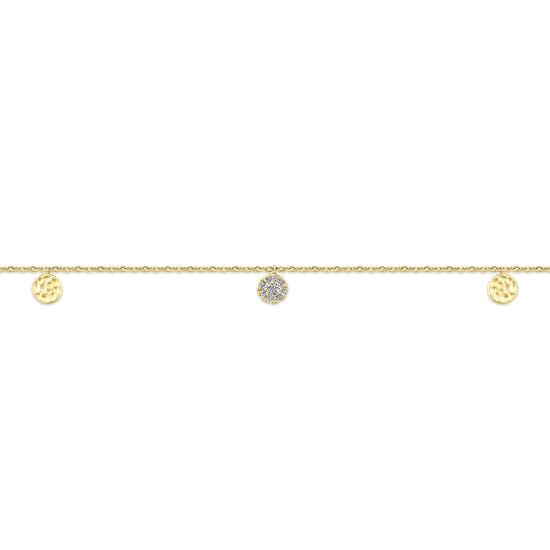 14K Yellow Gold Chain Ankle Bracelet with Round Hammered and Diamond Disc Drops angle 2