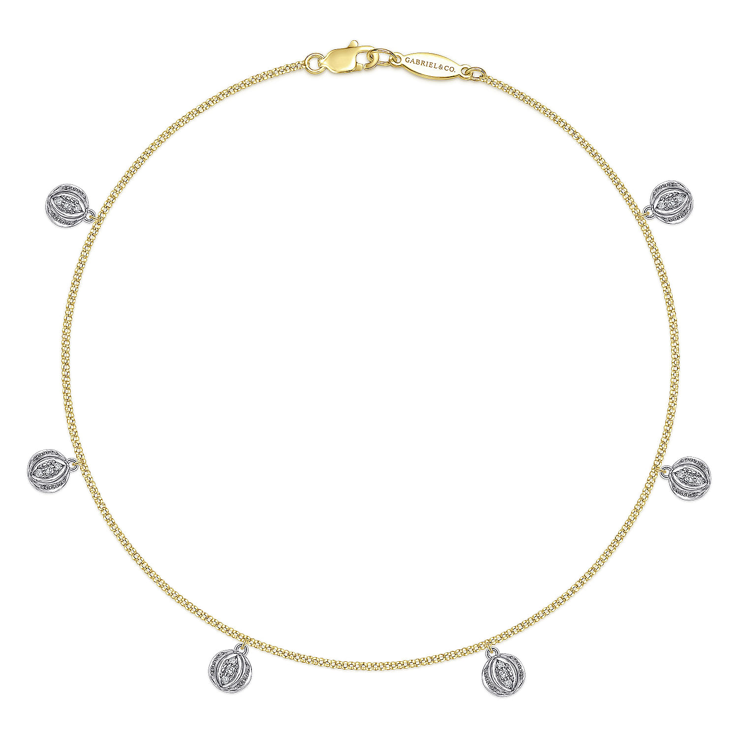 14K Yellow Gold Chain Ankle Bracelet with Round White Gold Diamond Drops