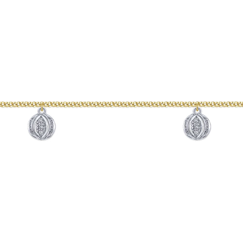14K Yellow Gold Chain Ankle Bracelet with Round White Gold Diamond Drops