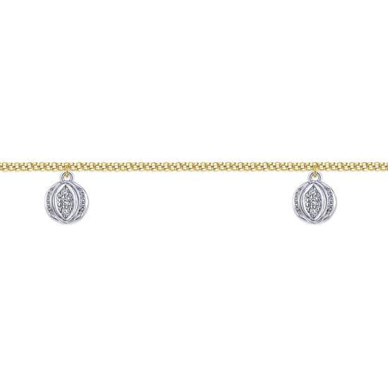 14K Yellow Gold Chain Ankle Bracelet with Round White Gold Diamond Drops angle 2