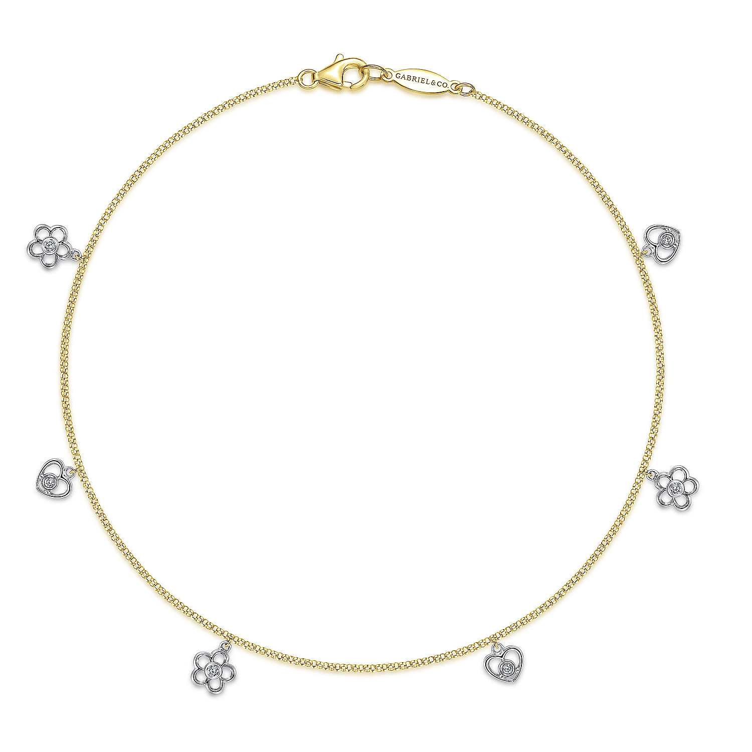Gabriel - 14K Yellow Gold Chain Ankle Bracelet with White Gold Diamond Flower and Heart Charms