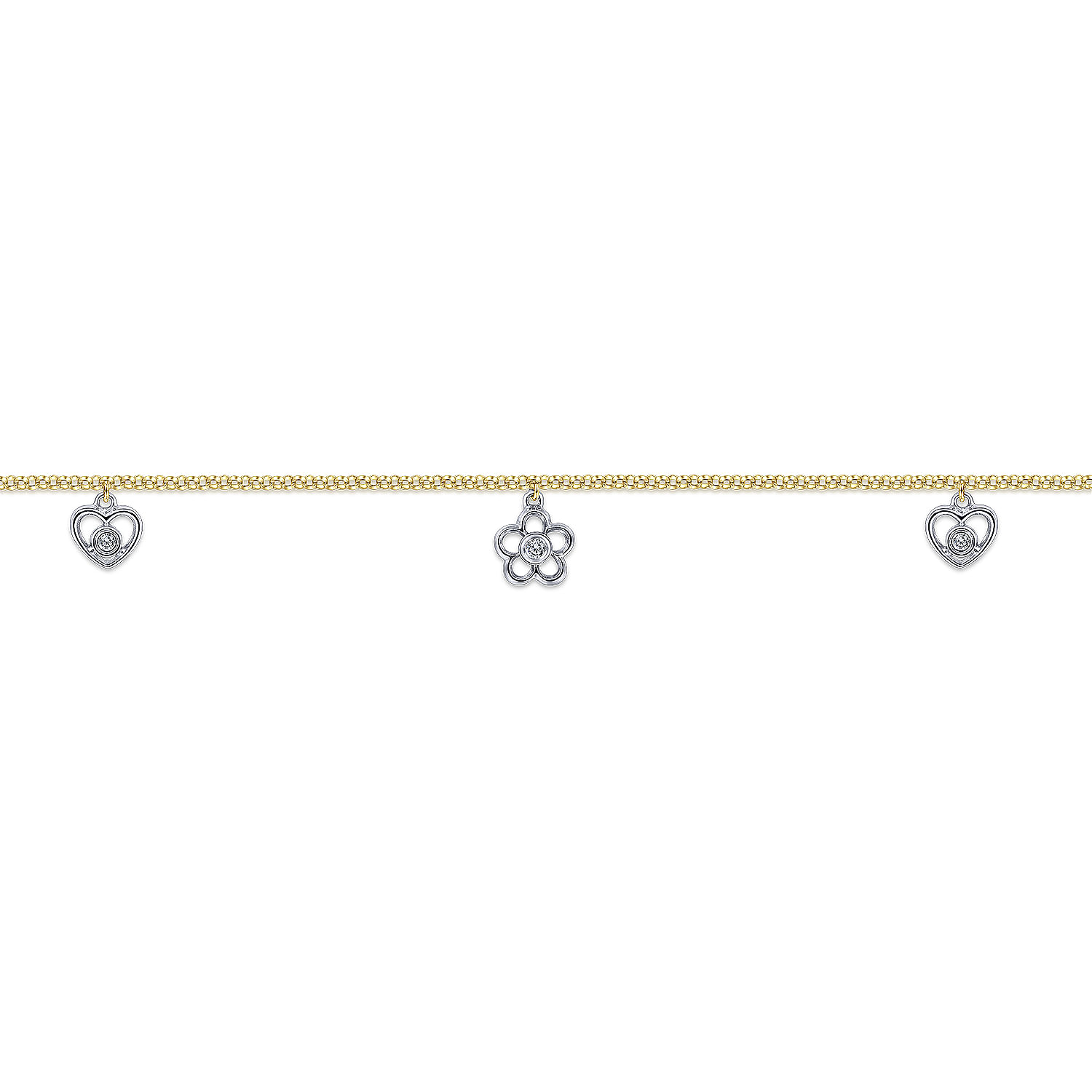 14K Yellow Gold Chain Ankle Bracelet with White Gold Diamond Flower and Heart Charms