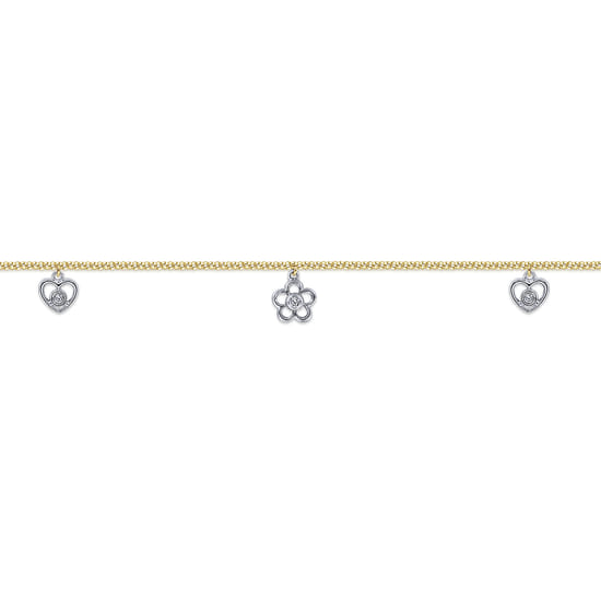 14K Yellow Gold Chain Ankle Bracelet with White Gold Diamond Flower and Heart Charms angle 2